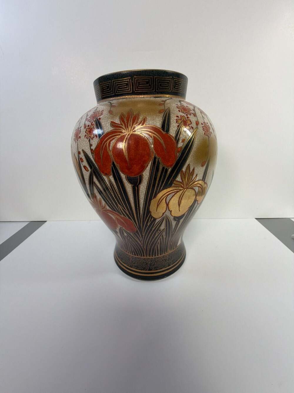Vintage Satsuma Japanese Hand-Painted Porcelain Vase with Iris Motif and Gilt De